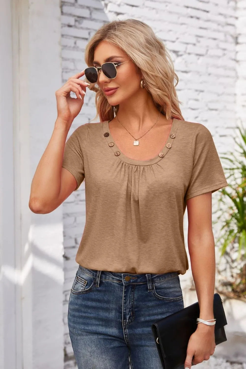 Decorative Button Scoop Neck T-shirt (22)
