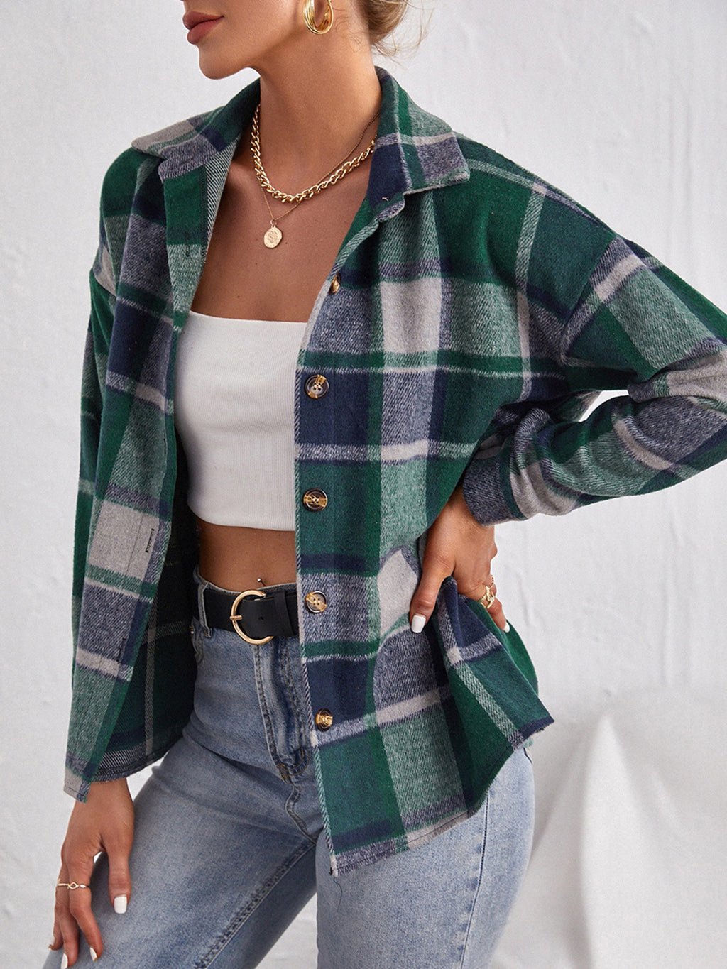 Plaid Collared Neck Button Down Jacket (8)