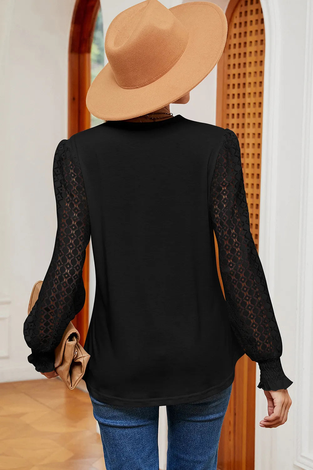 Openwork V-neck Long Sleeve T-shirt (12)