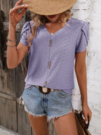 Eyelet V-neck Petal Sleeve T-shirt (13)