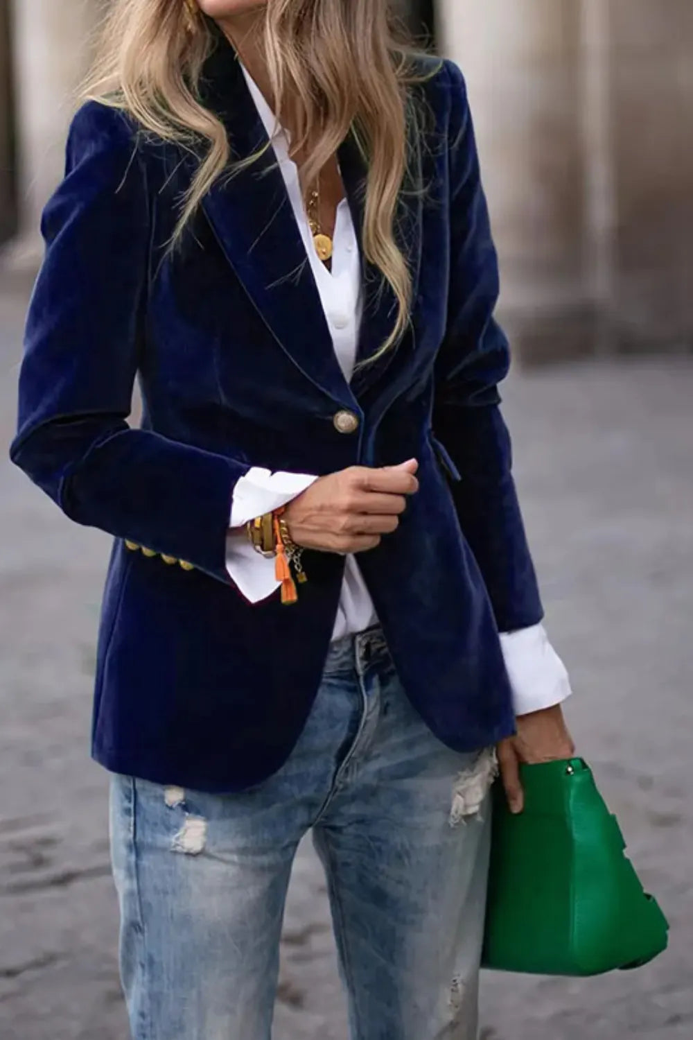 One Button Lapel Collar Long Sleeve Blazer (7)
