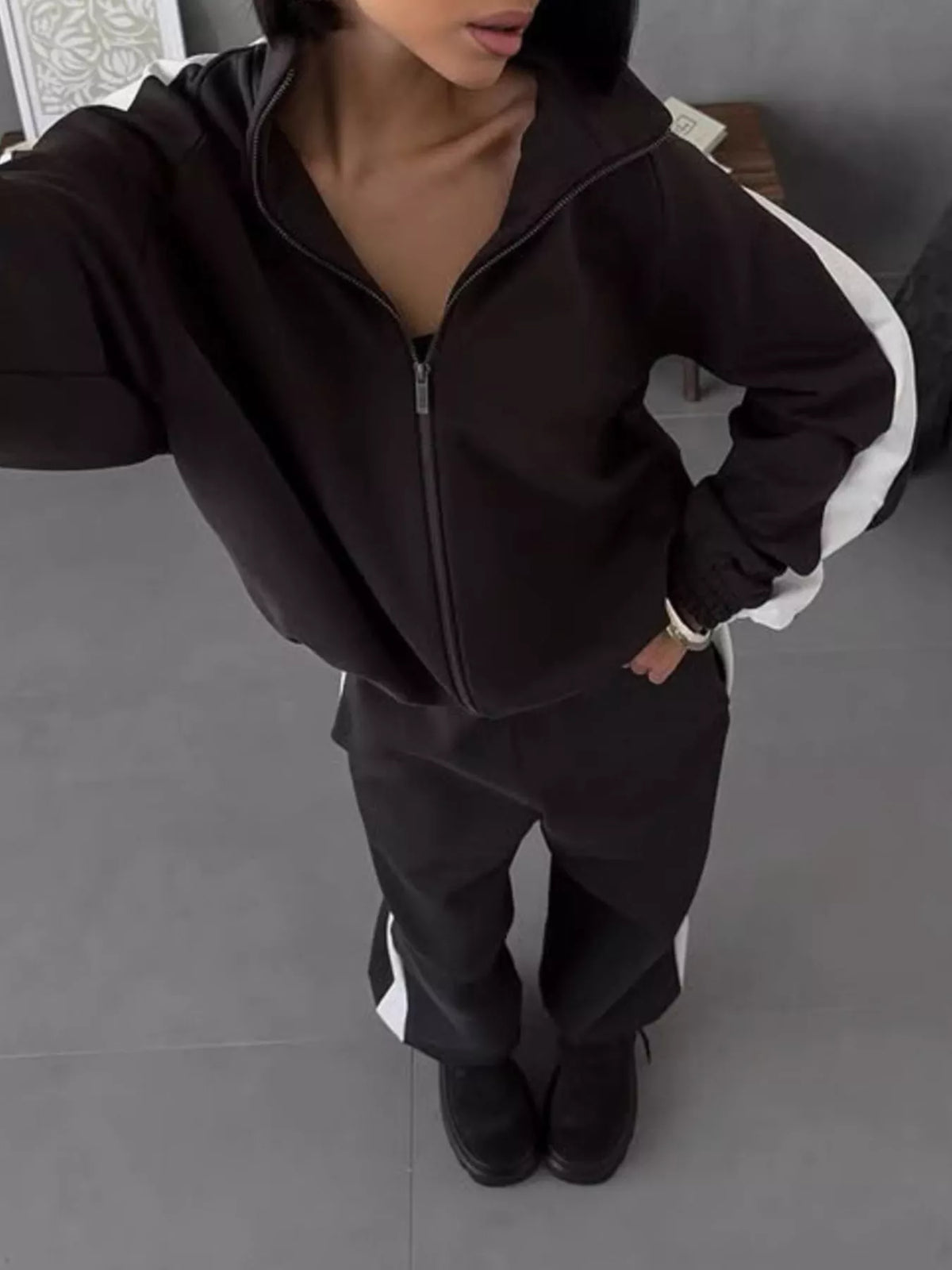 Contrast Side Stripe Zip Up Top Pants Set (5)