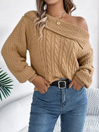 Off-shoulder Cable Knit Sweater (15)