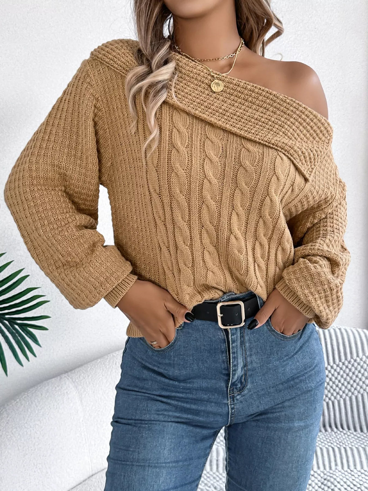Off-shoulder Cable Knit Sweater (15)
