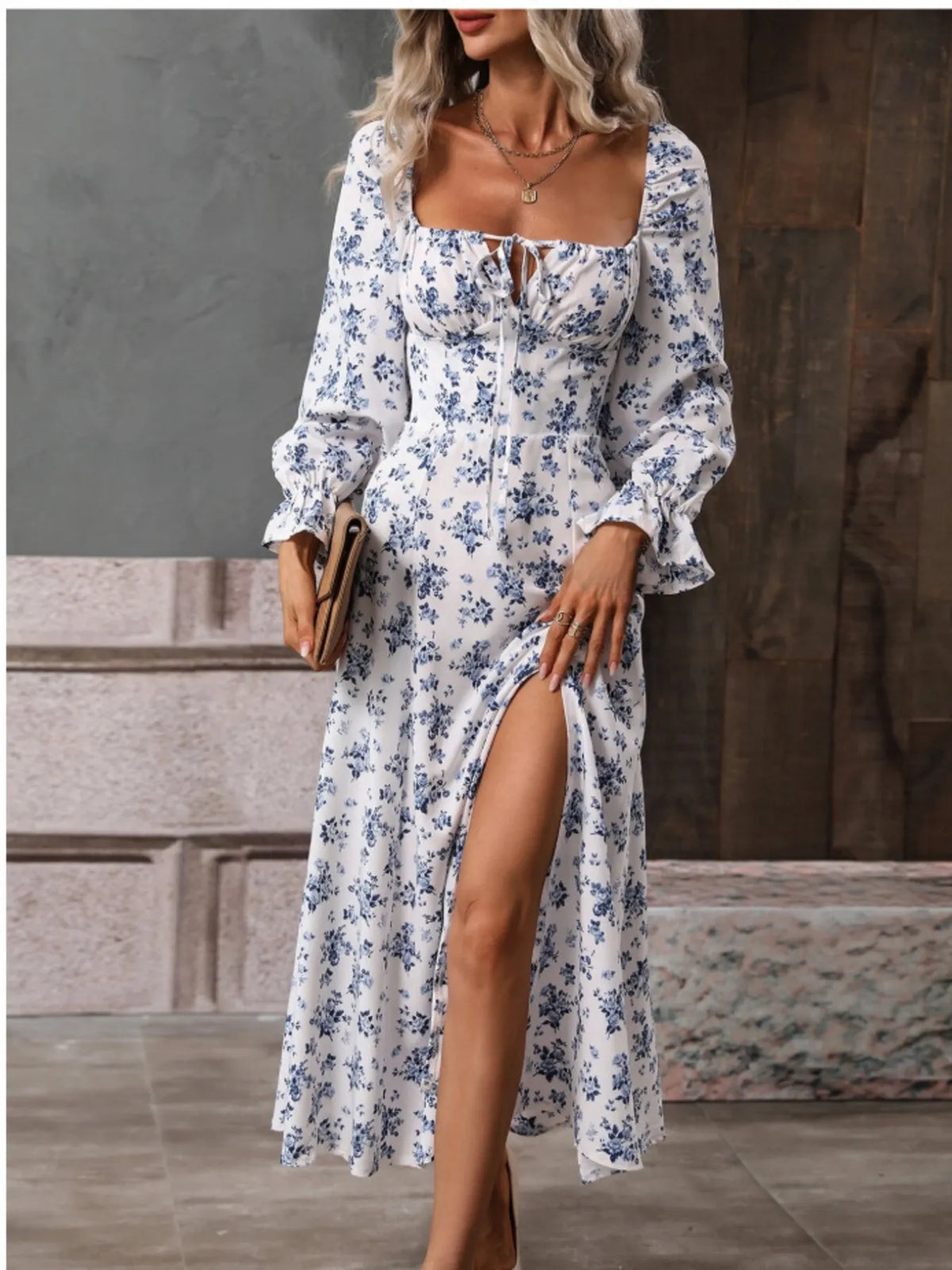 Floral Print Square Neck Flounce Sleeve Dress Side Slit