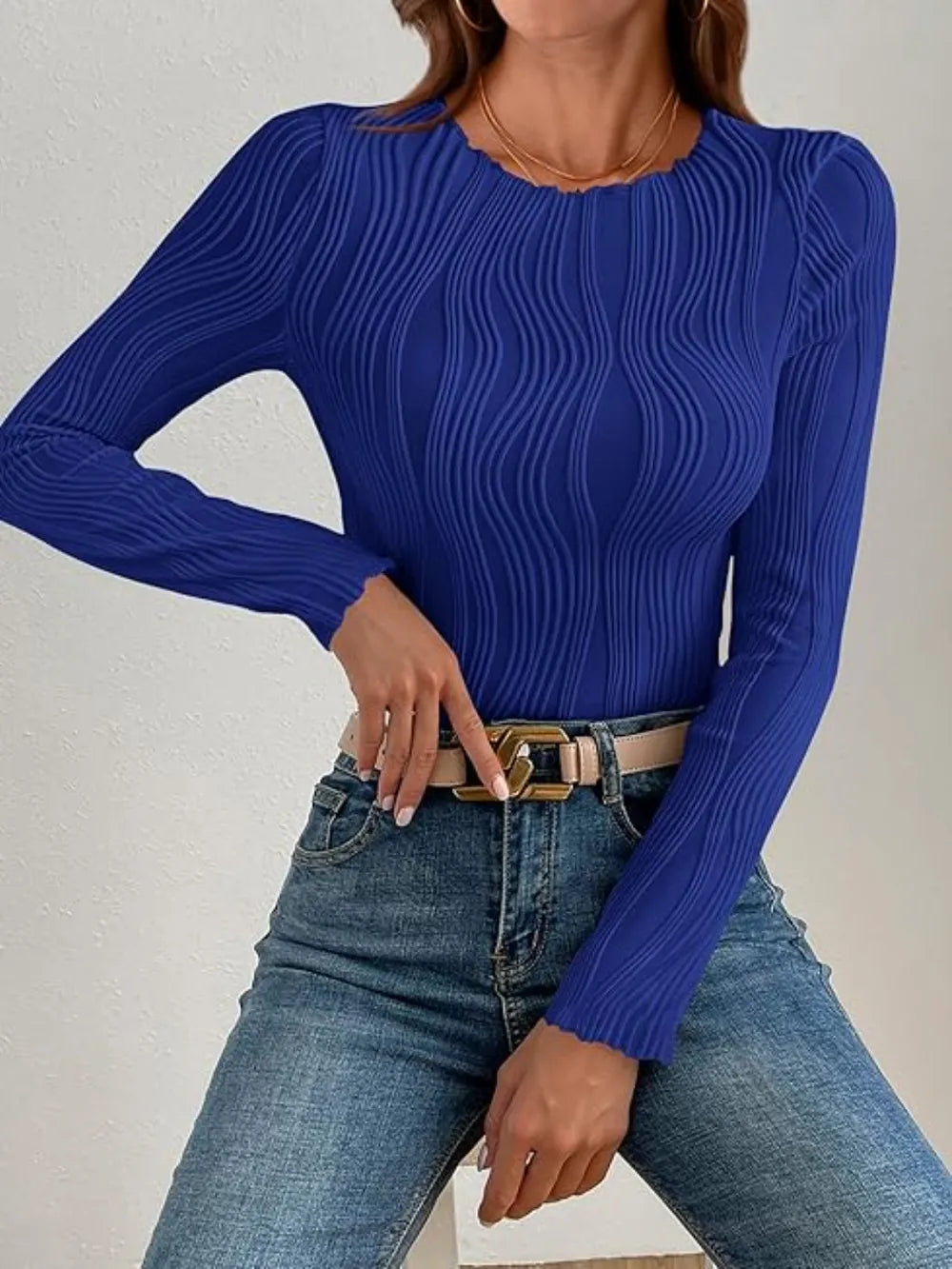 Textured Round Neck Long Sleeve Top (20)