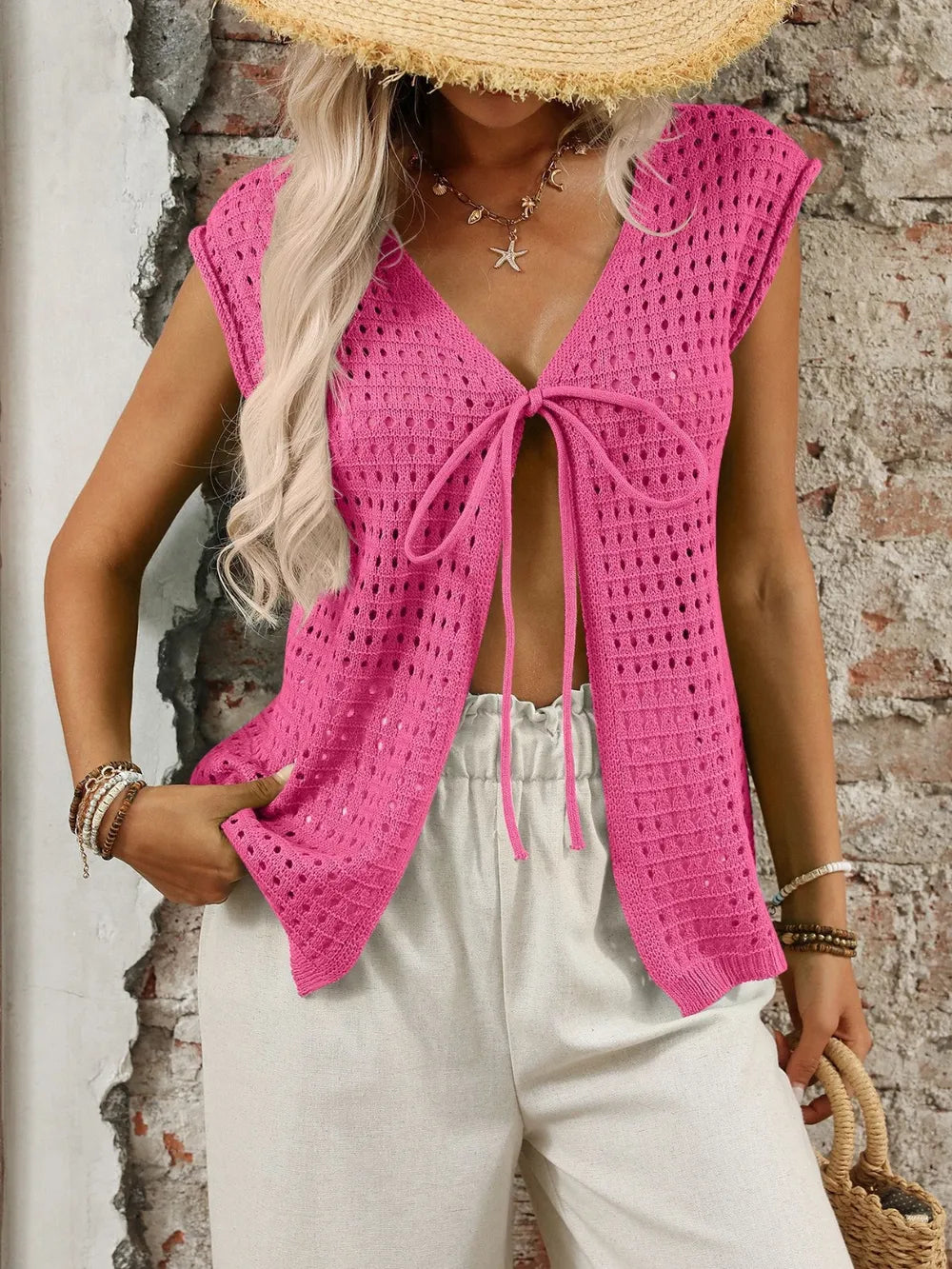 Tied Front Openwork V-neck Knit Top (3)