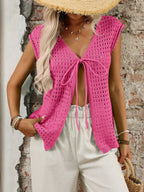 Tied Front Openwork V-neck Knit Top (3)