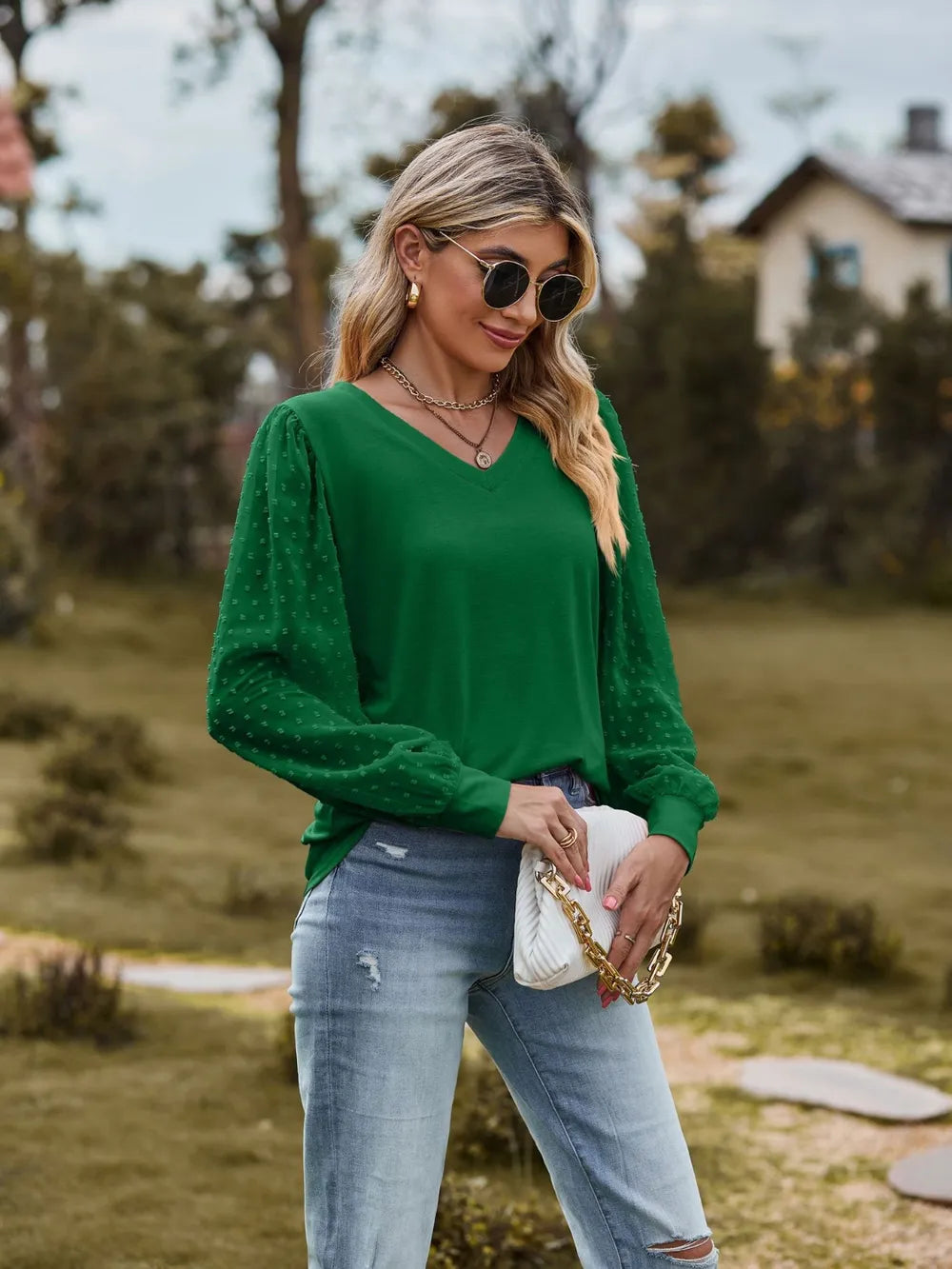 Swiss Dot V-neck Long Sleeve Blouse (20)