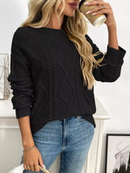 Cable Knit Round Neck Long Sleeve Sweater (11)