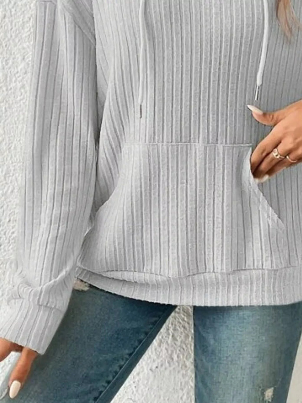 Ribbed Knit Long Sleeve Drawstring Hoodie (3)