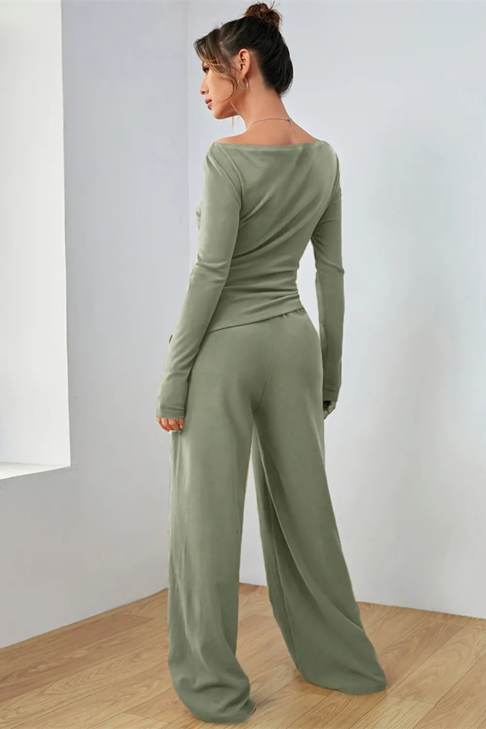 Boat Neck Long Sleeve Top Pants Set (2)