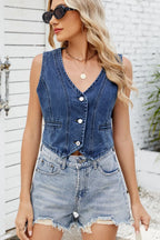 Button Down V-neck Denim Vest (9)