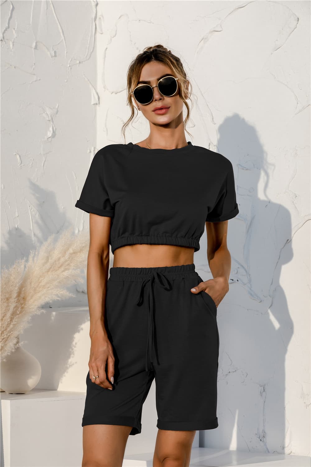 Short Sleeve Cropped Top Drawstring Shorts Lounge Set