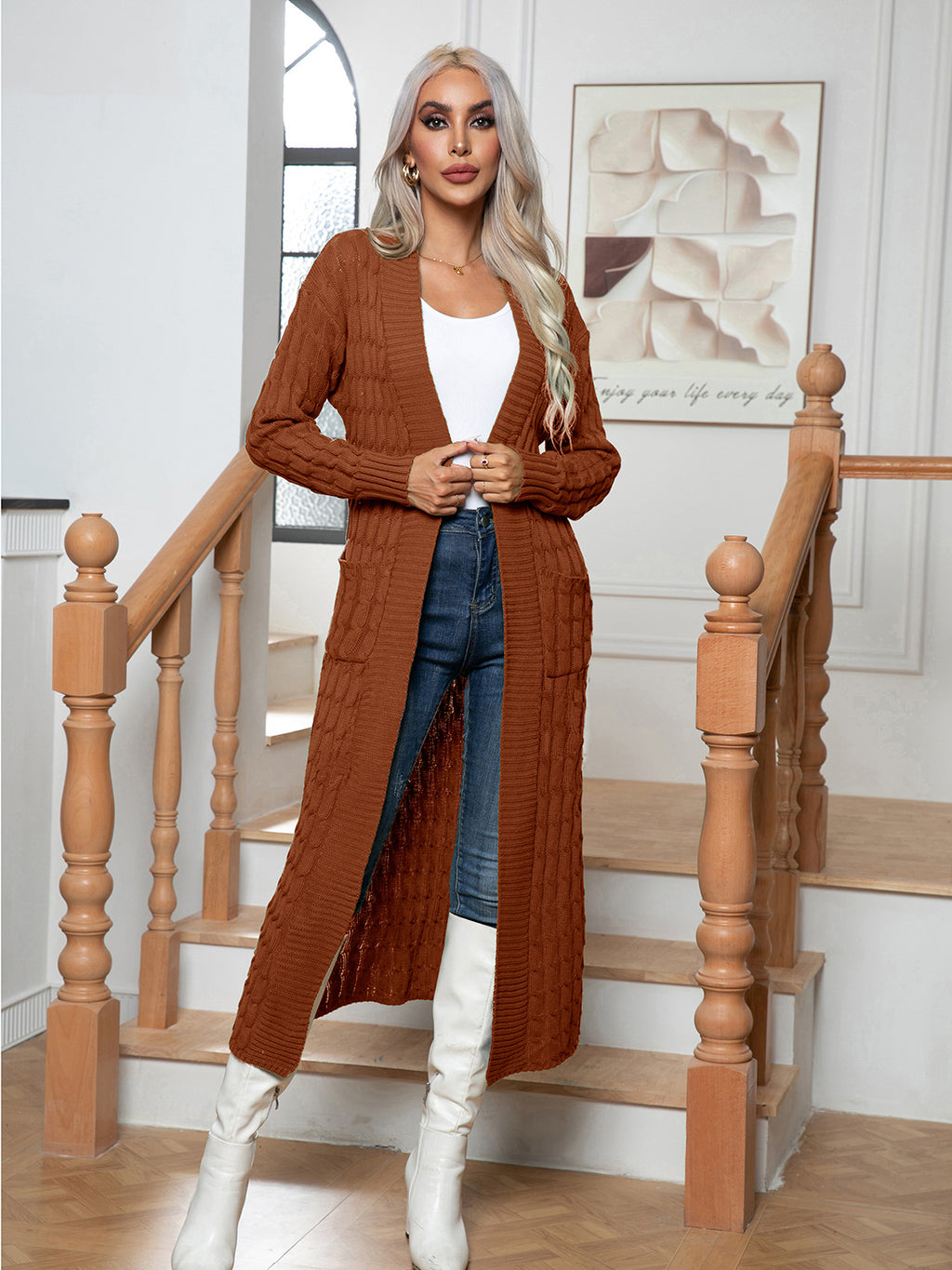 Cable-knit Open Front Cardigan Pockets (9)