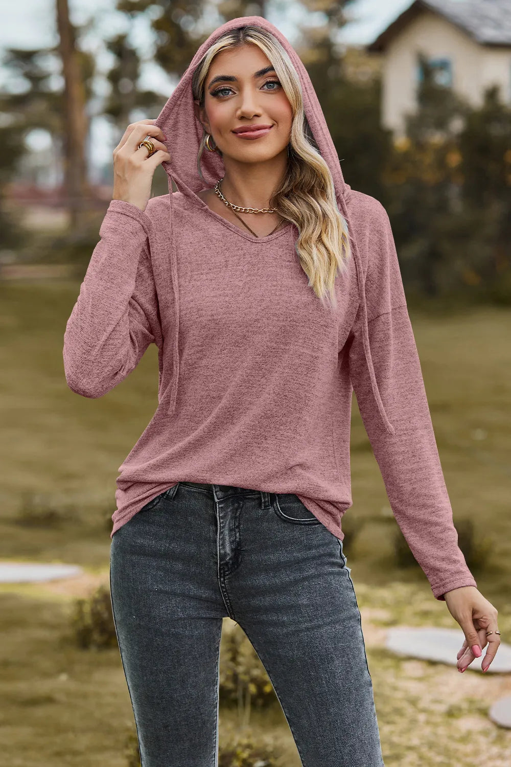 Drawstring Dropped Shoulder Hooded T-shirt (9)