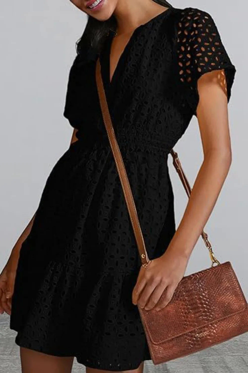 Eyelet Notched Short Sleeve Mini Dress (5)