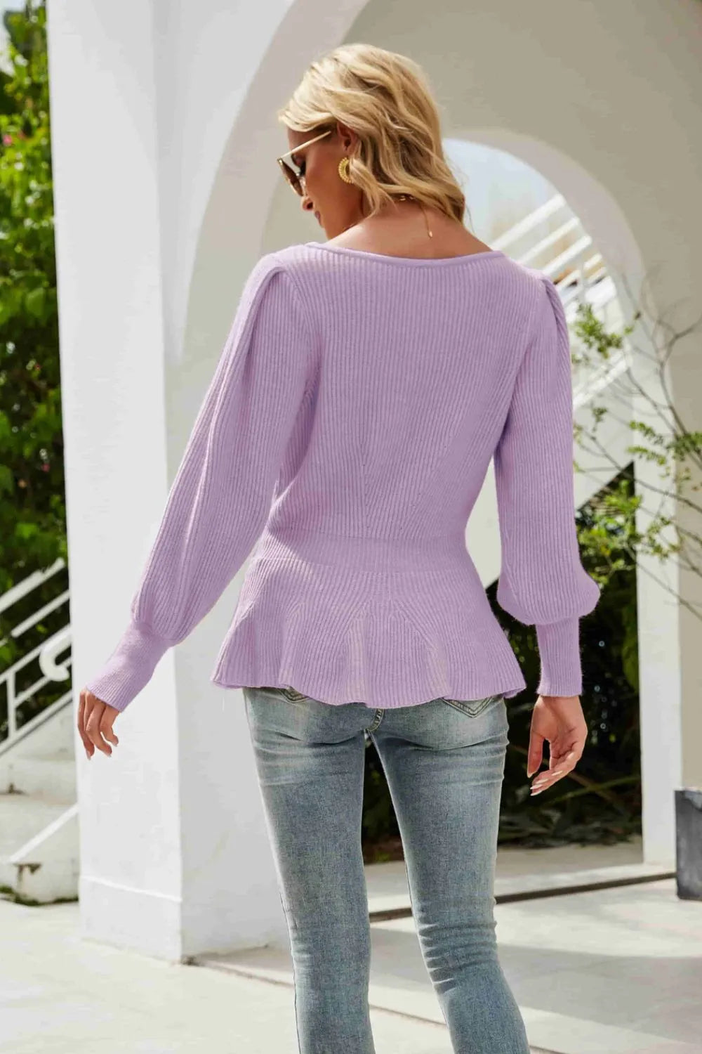 Ribbed Round Neck Lantern Sleeve Sweater (10)