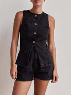 Button Down Vest Shorts Denim Set (14)