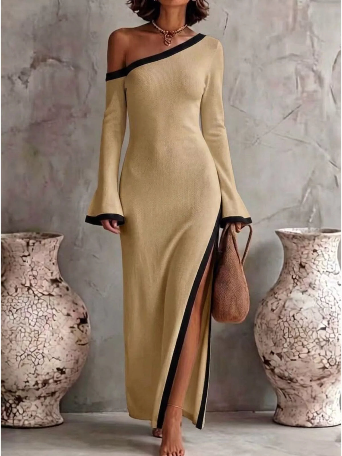 Slit One-shoulder Contrast Trim Maxi Dress (9)