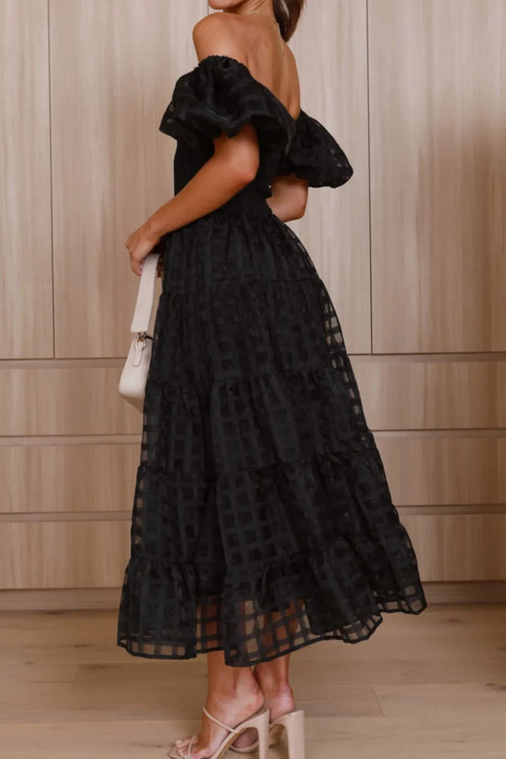 Off Shoulder Short Puff Sleeve Midi Dress (20)