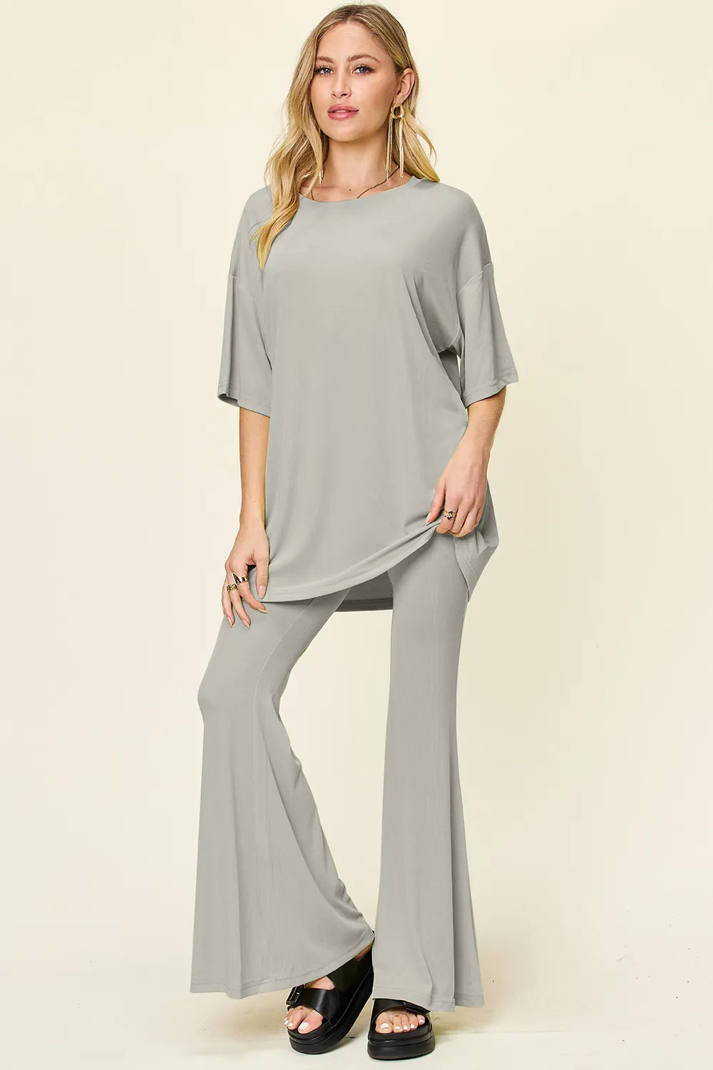 Full Size Round Neck Drop Shoulder T-shirt Flare Pants Set (18)