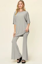 Full Size Round Neck Drop Shoulder T-shirt Flare Pants Set (18)