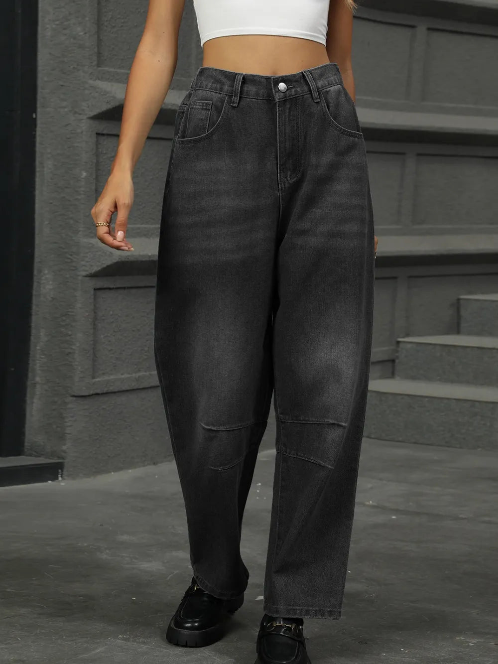 Half Elastic Waist Straight Leg Jeans (9)