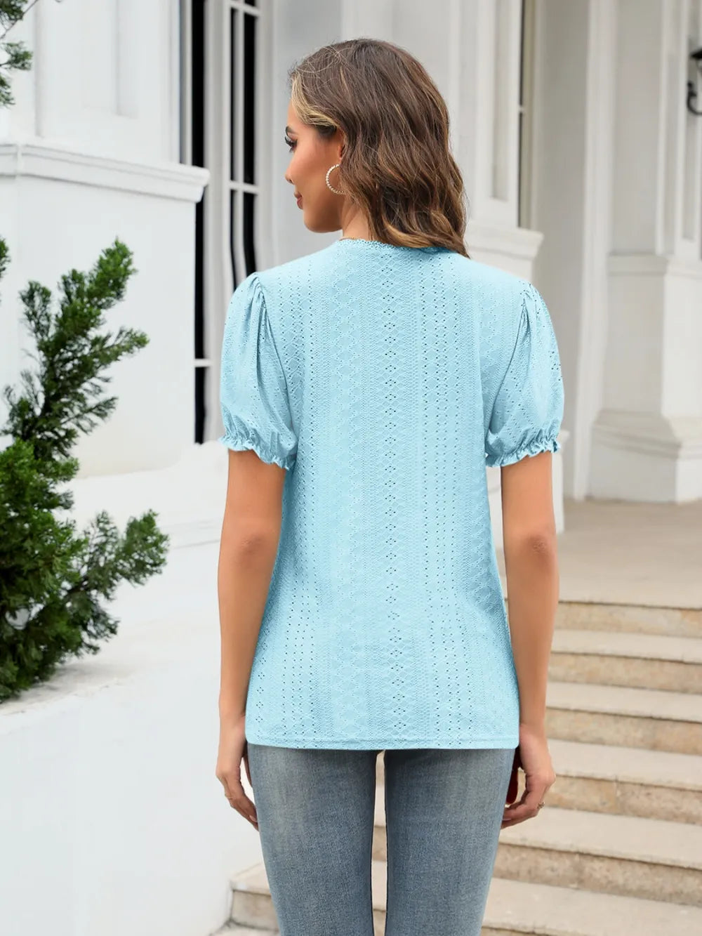 Eyelet Round Neck Short Sleeve Blouse (16)