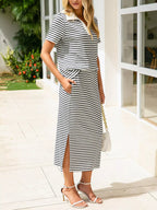 Striped Polo Collar Top Slit Skirt Two-piece Set (12)