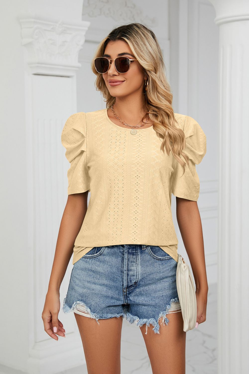Eyelet Puff Sleeve Round Neck Blouse (11)