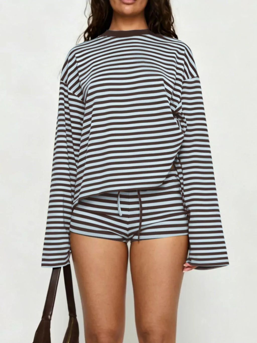 Striped Long-sleeve Top Shorts Set (14)