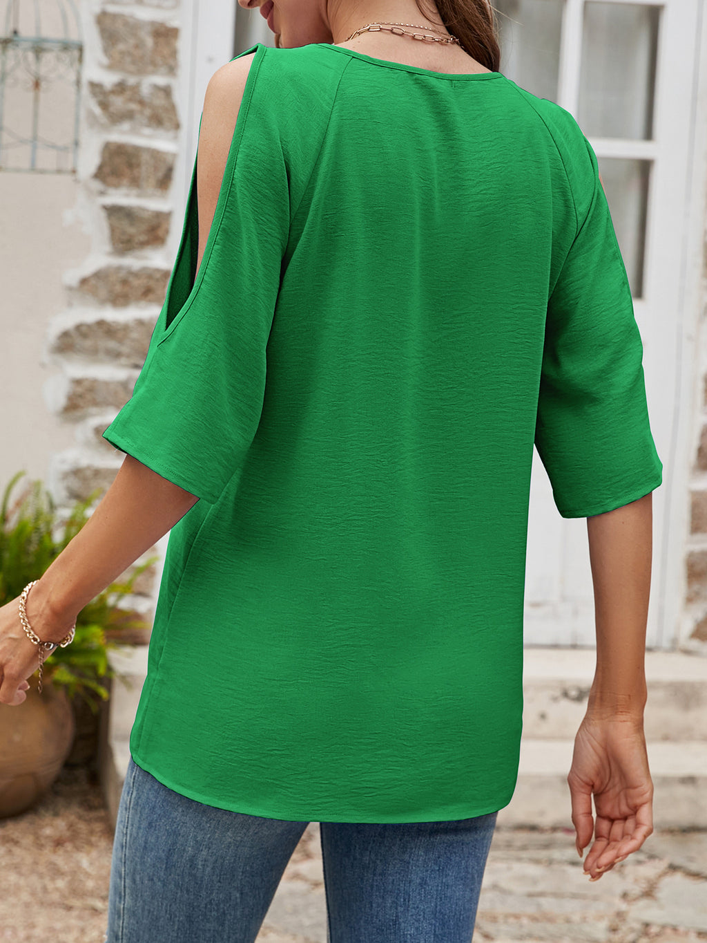 Textured Round Neck Split Sleeve Top (12)