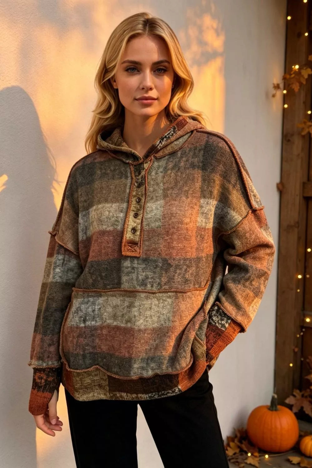Full Size Plaid Dropped Shoulder Fleece Hoodie Plus
