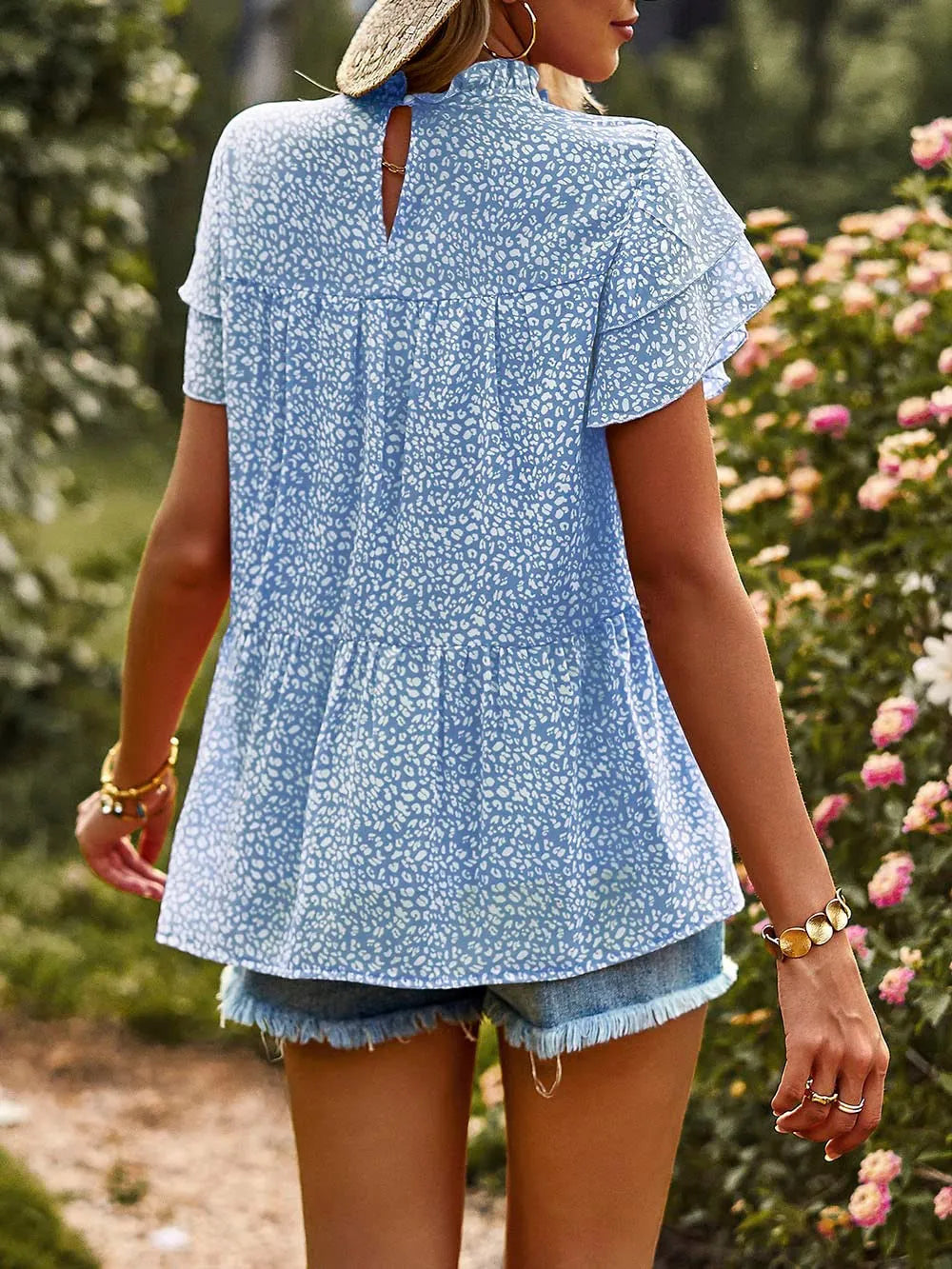 Printed Ruffle Sleeve Babydoll Blouse (11)