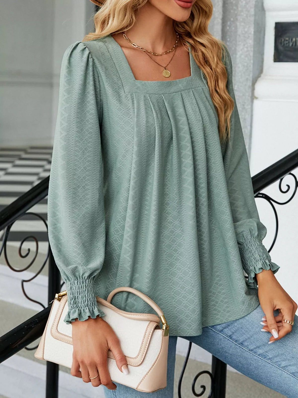 Pleated Square Neck Long Sleeve Top (3)
