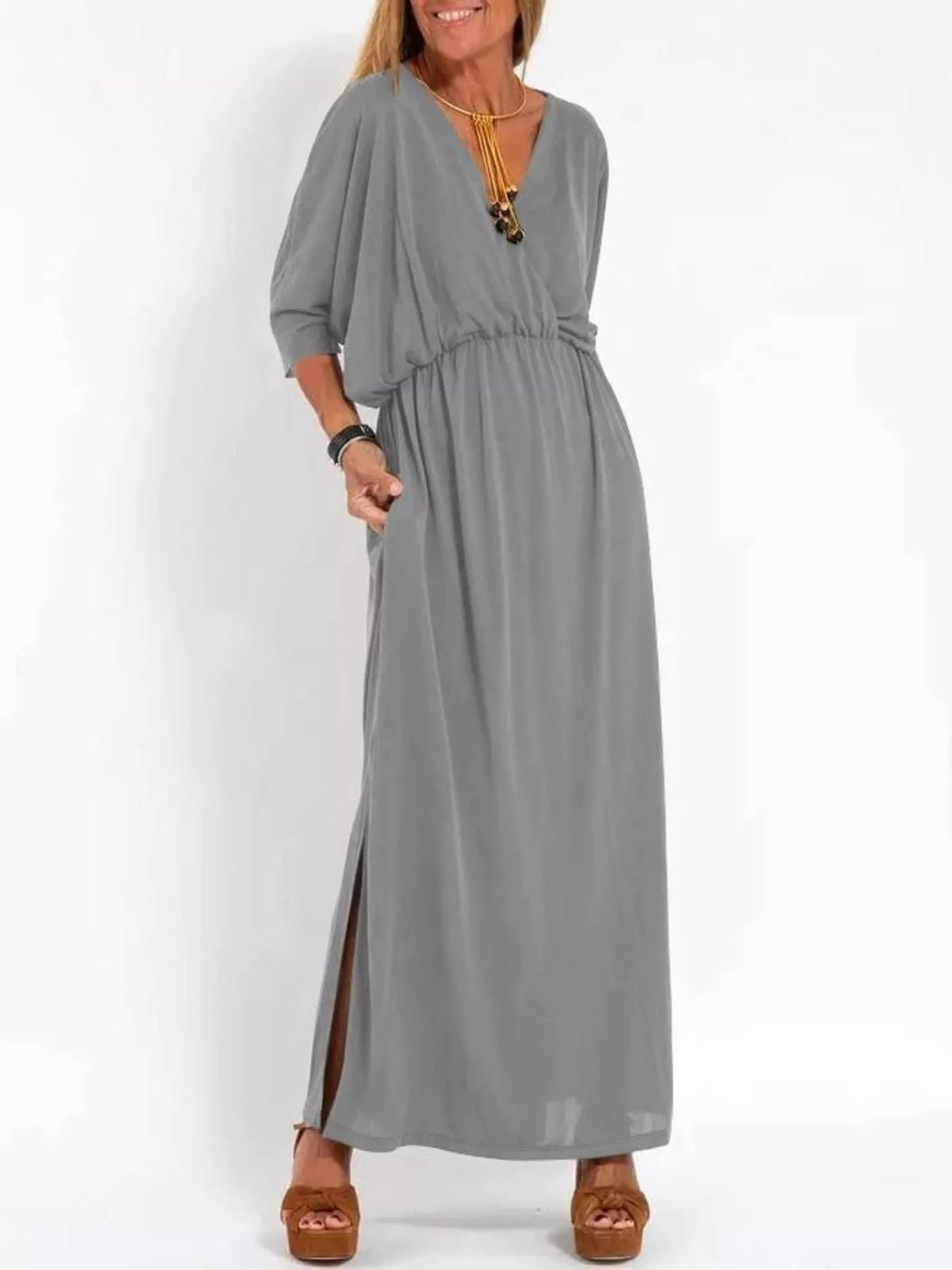 Full Size V-neck Batwing Sleeve Maxi Dress Side Slits Plus (11)