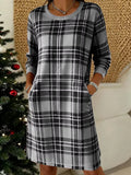 Full Size Plaid Long Sleeve Crew Neck Dress Pockets Plus