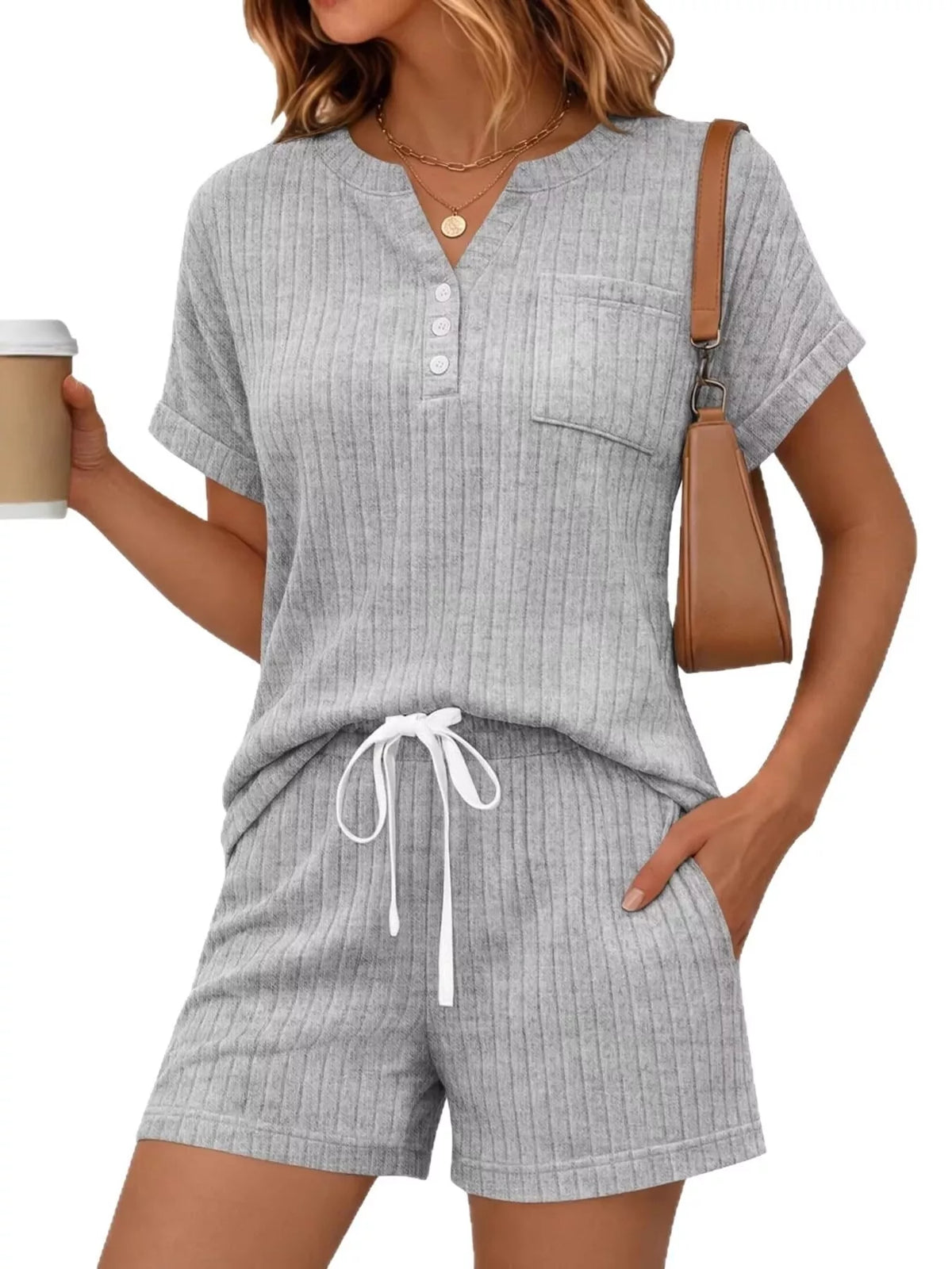 Casual Ribbed Knit Tee Shorts Set (20)