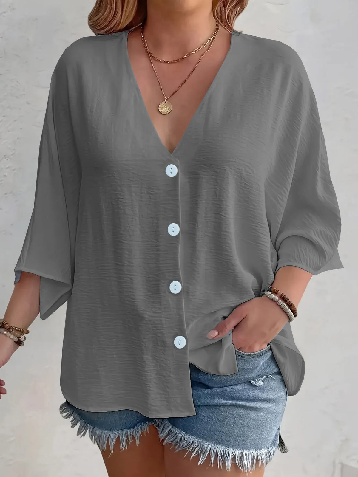 Full Size Casual V-neck Button Down Relaxed Fit Blouse Plus (13)