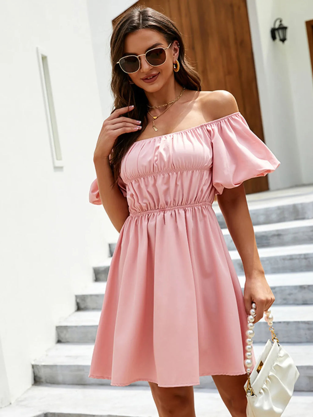 Off-shoulder Puff Sleeve Mini Dress (2)