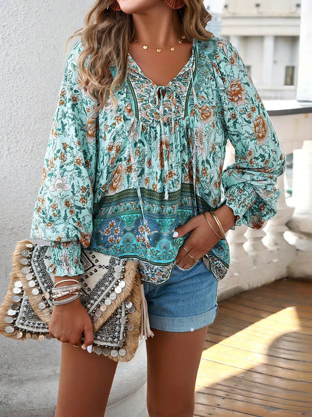 Floral Print Tie Neck Bohemian Blouse (7)