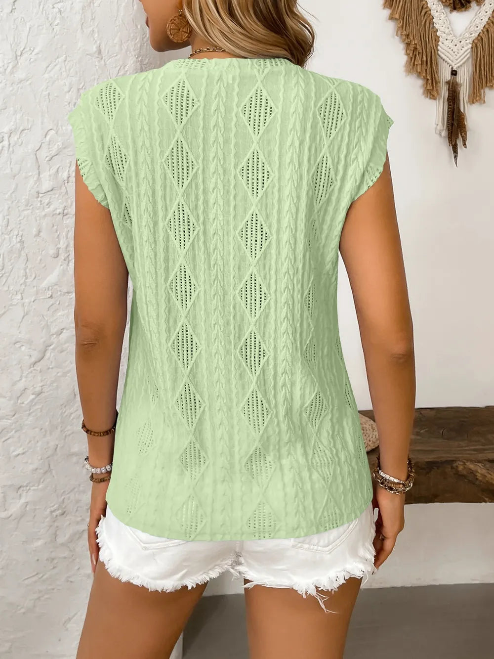Eyelet Round Neck Cap Sleeve Top (5)