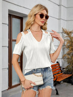 Textured V-neck Cold Shoulder Top (4)