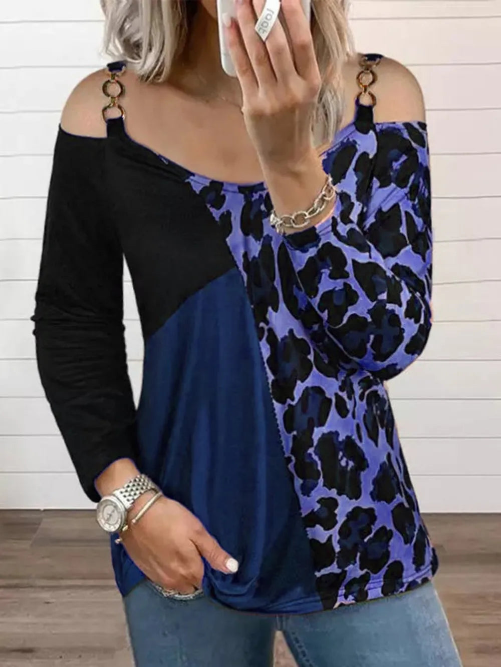 Full Size Leopard Cold Shoulder Long Sleeve T-shirt (7)