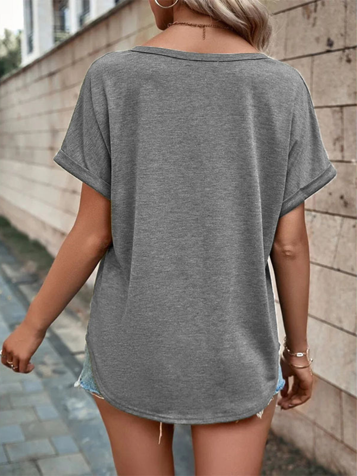 Full Size Decor Button Short Sleeve T-shirt Plus (13)