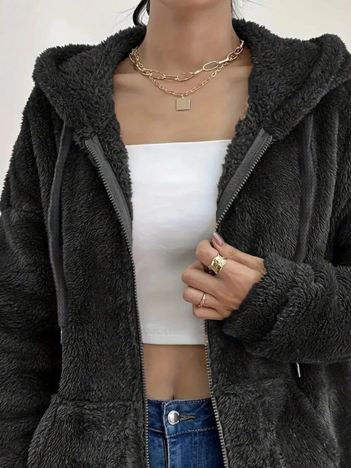 Drawstring Fleece Zip-up Outerwear (5)