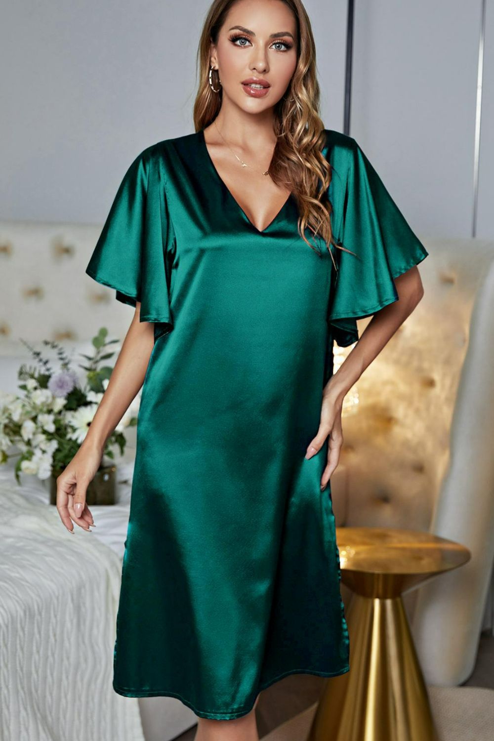Satin Flutter Sleeve Side Slit V-neck Night Dress (10)