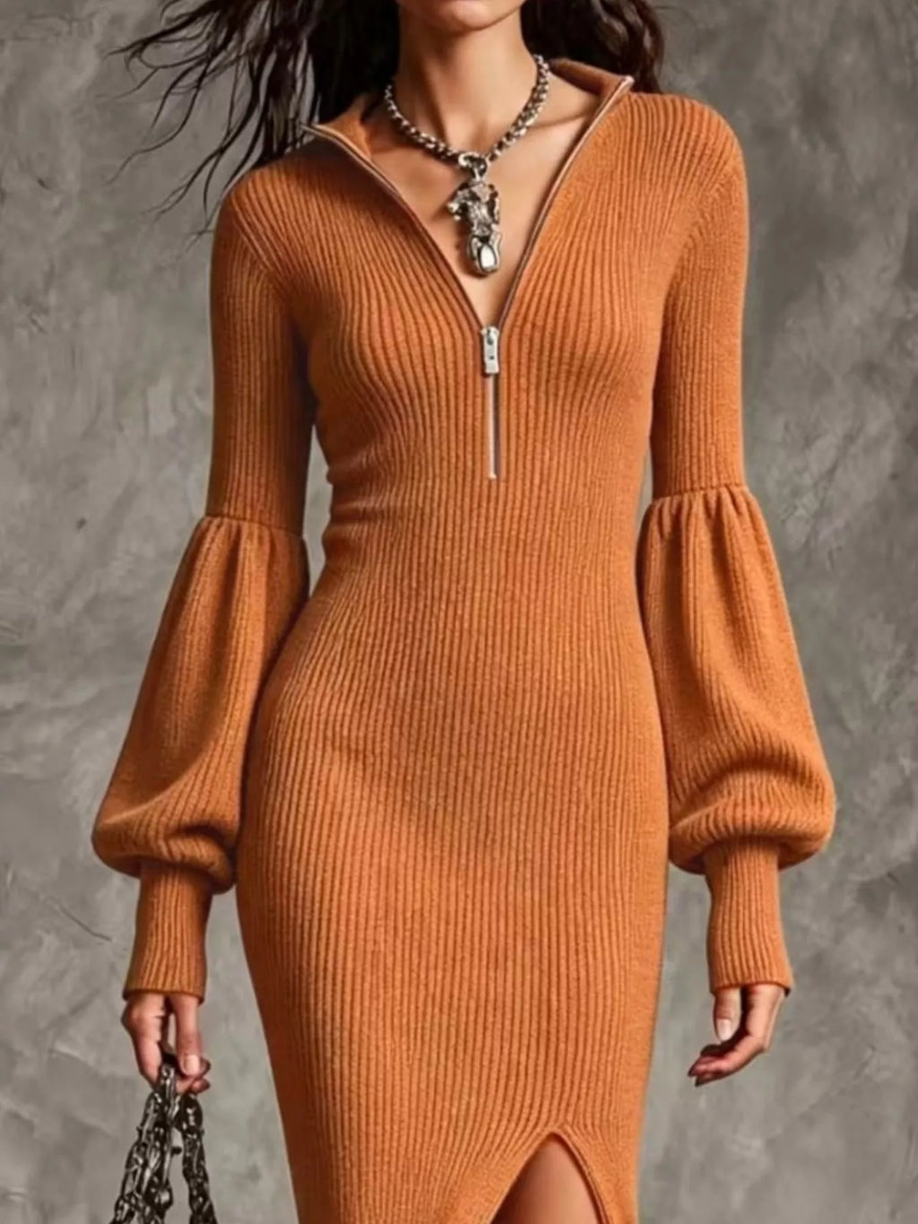 Ribbed Knit Quarter-zip Lantern Sleeve Sweater Dress (2)
