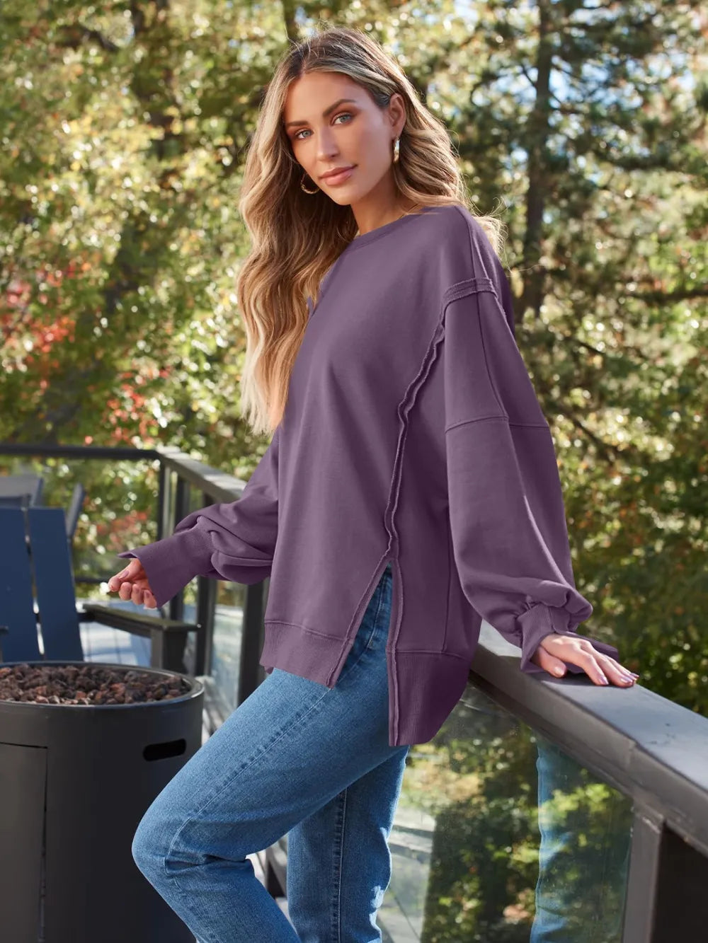 Slit Round Neck Long Sleeve Sweatshirt (18)